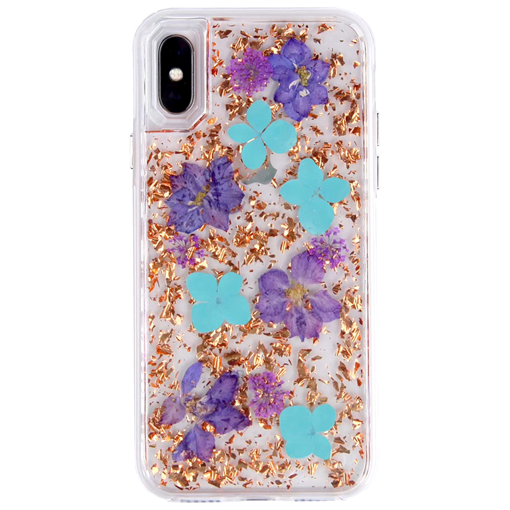 IPHONE Xr 6.1in Luxury Glitter Dried Natural Flower Petal Clear Hybrid Case (Bronze Blue)